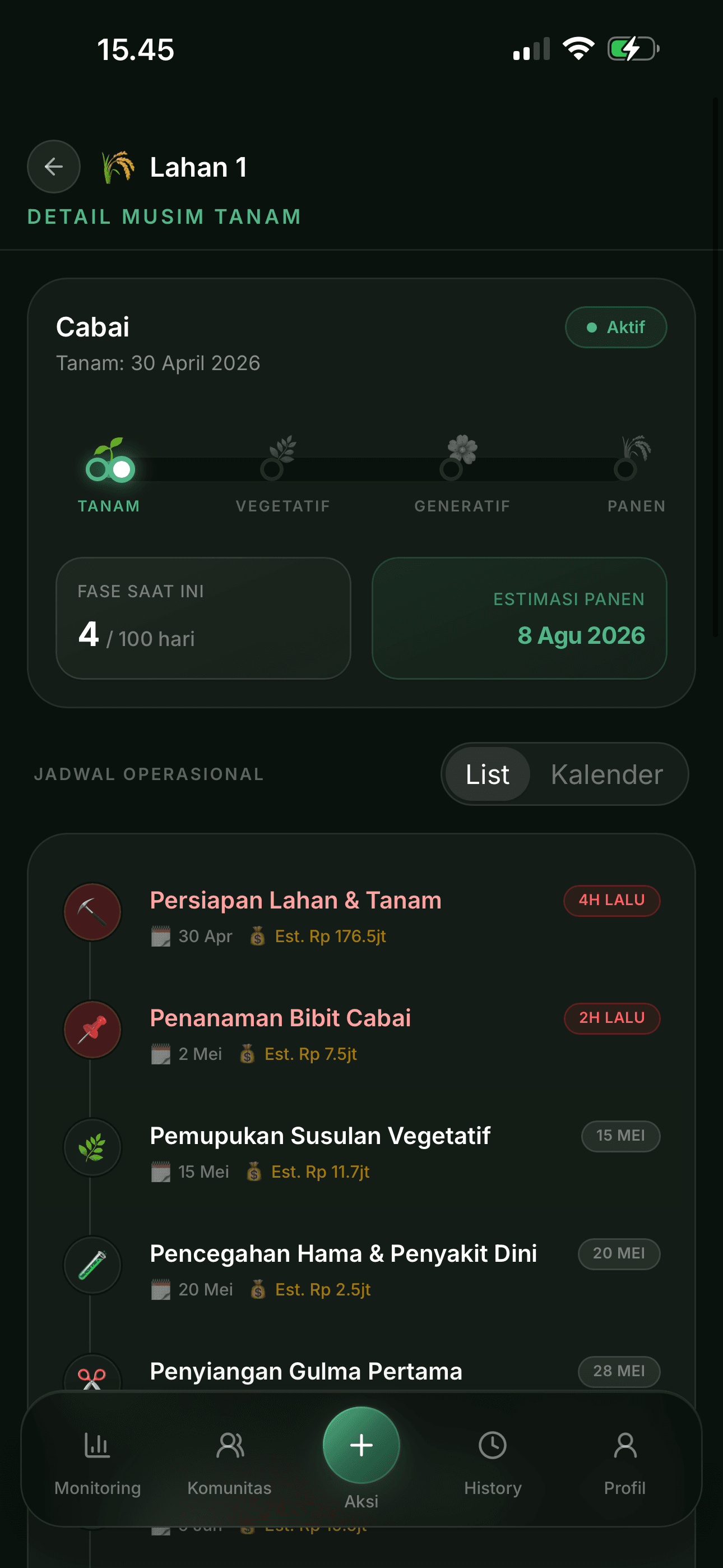 Screenshot fitur manajemen musim tanam (Left)