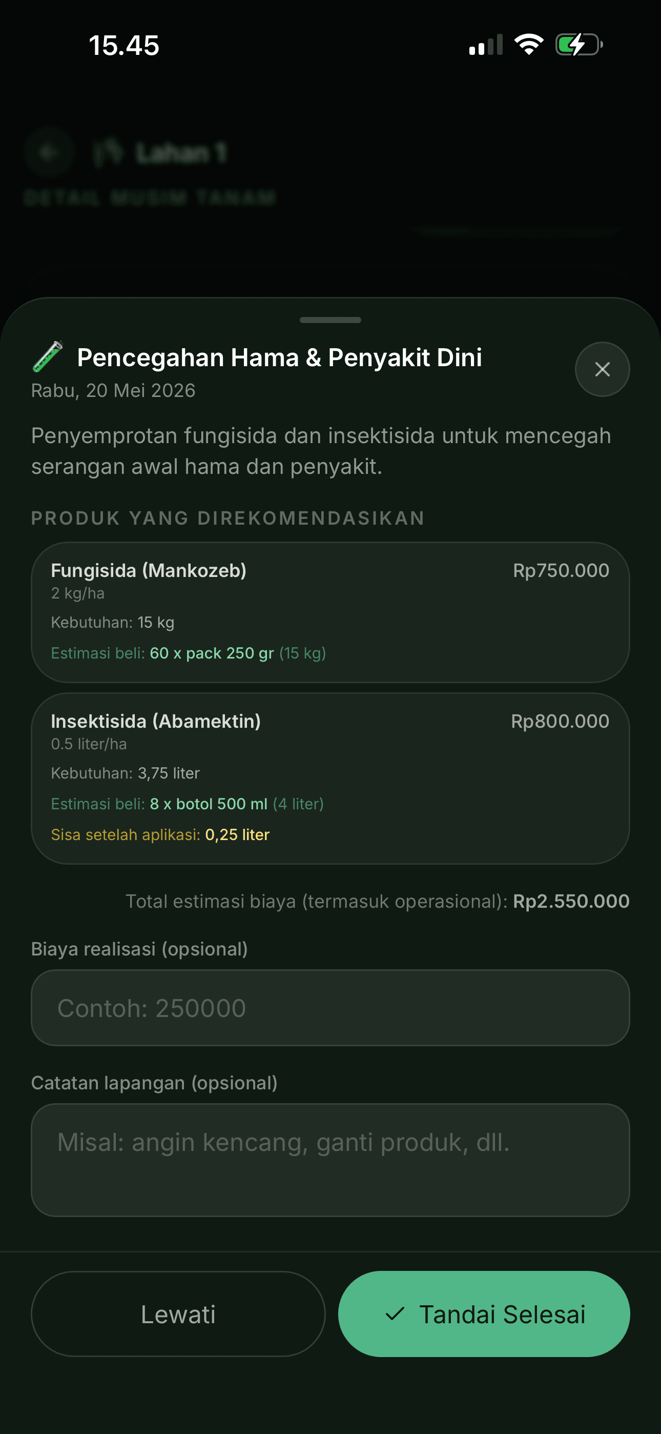 Screenshot fitur manajemen musim tanam (Center)